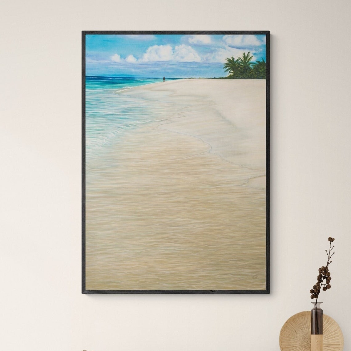 White Sand Beach Gentle Turquoise Waves Palm Trees Serene Shore Poster