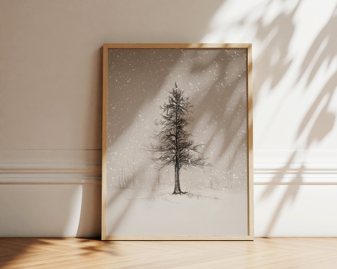 Minimal Winter Pine Tree Charcoal Sketch - Image 2