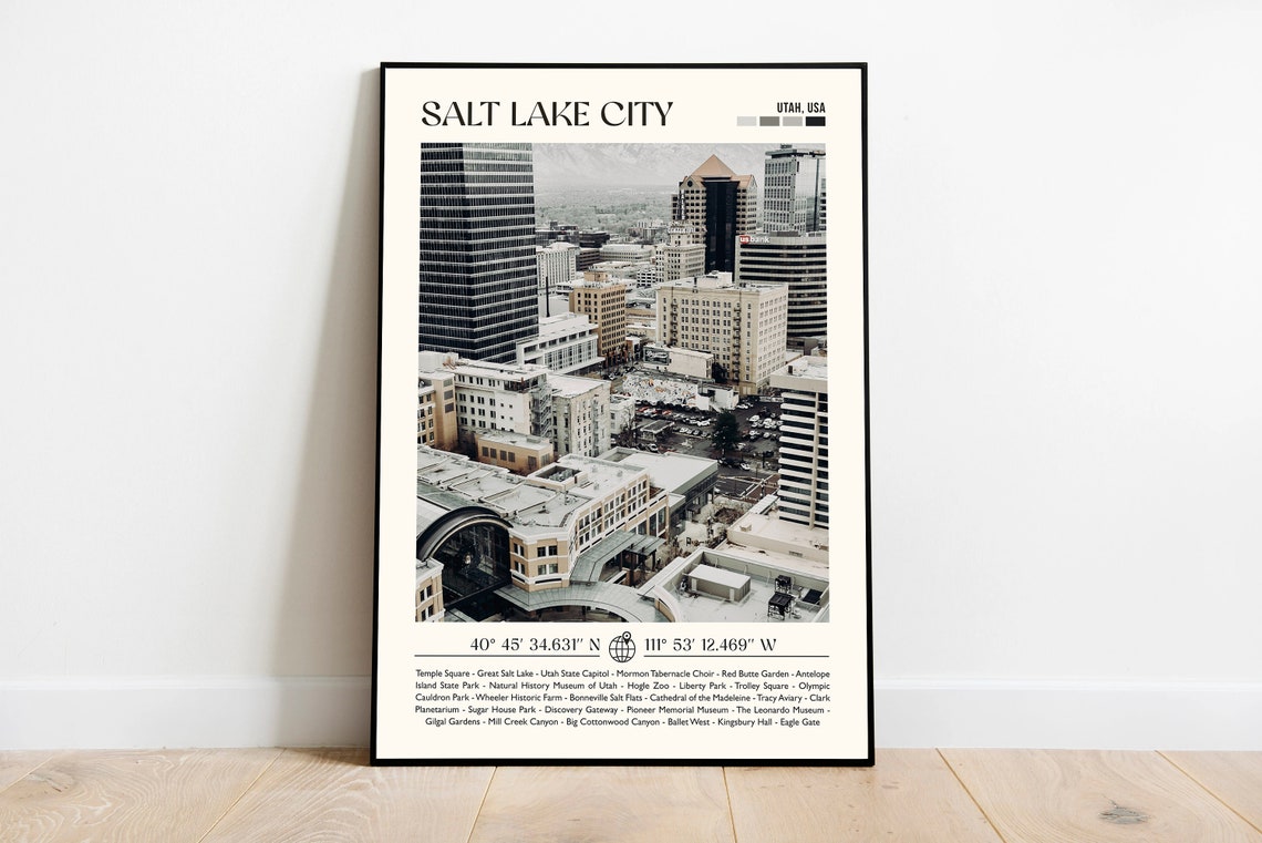 Salt Lake City Utah Skyline Travel Poster With Attractions Guide