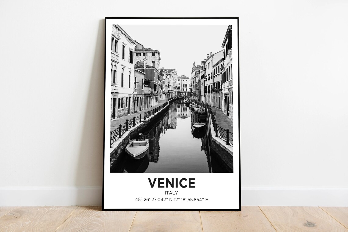 Venice Italy Black and White Canal Minimalist Photo Travel Poster