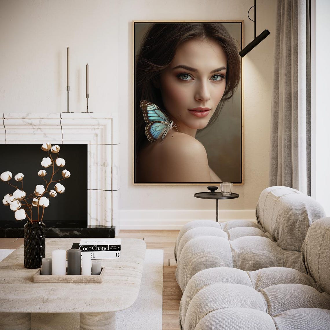 Woman Blue Butterfly Shoulder Portrait Dreamy Nature Art Print