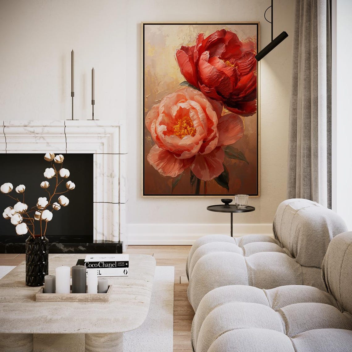 Red Coral Peonies Oil Paint Floral Still Life Warm Art Poster