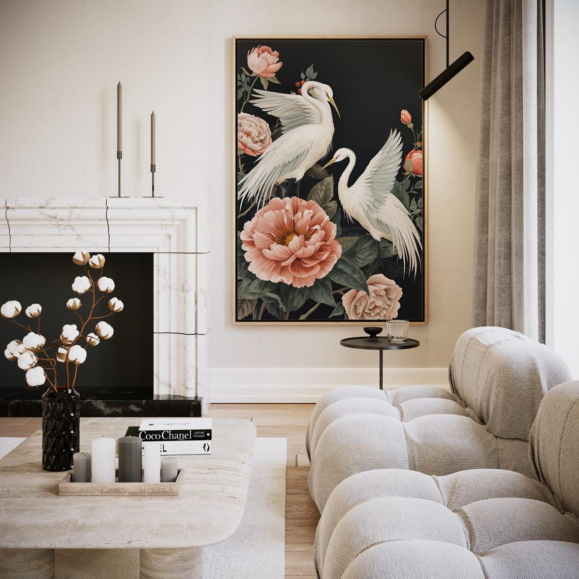 White Cranes Among Peonies Chinoiserie Dark Floral Art Print