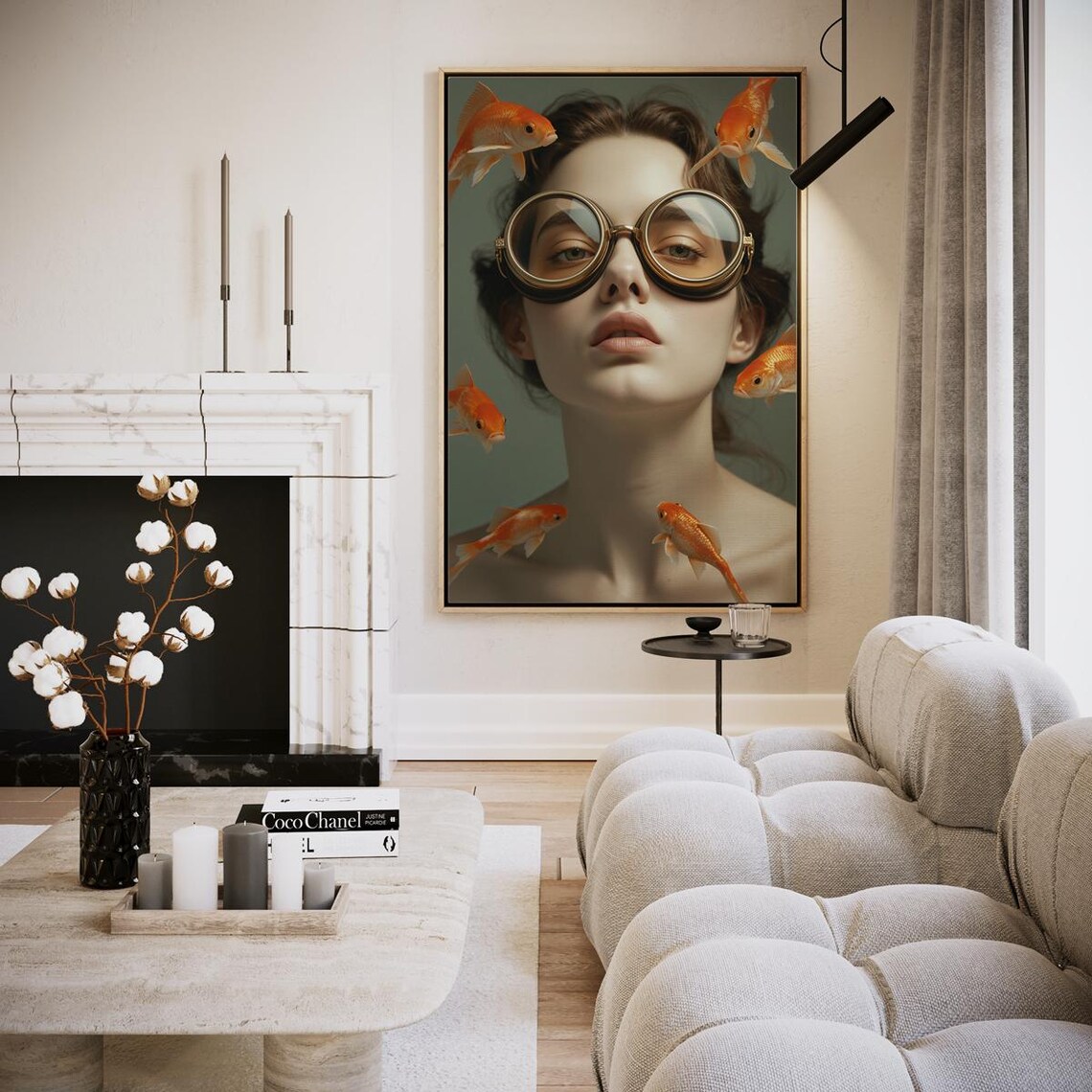 Surreal Woman in Diver Goggles Surrounded by Goldfish Art Print