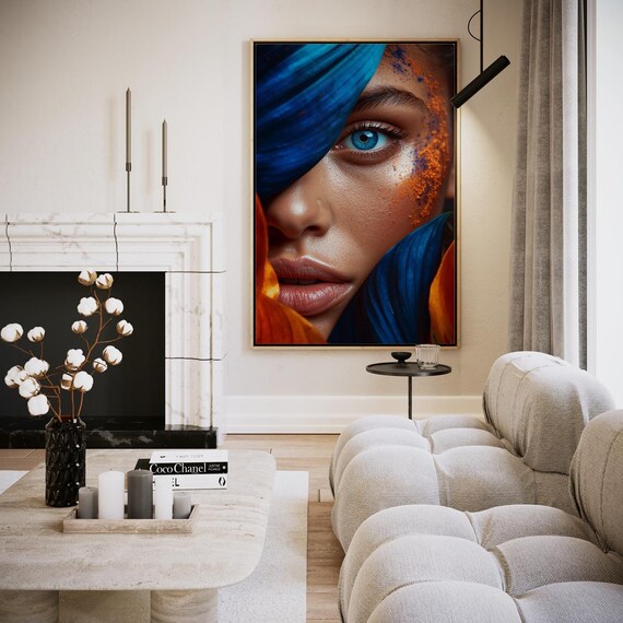 Colorful Blue And Orange Floral Woman Face Close Up Art Poster
