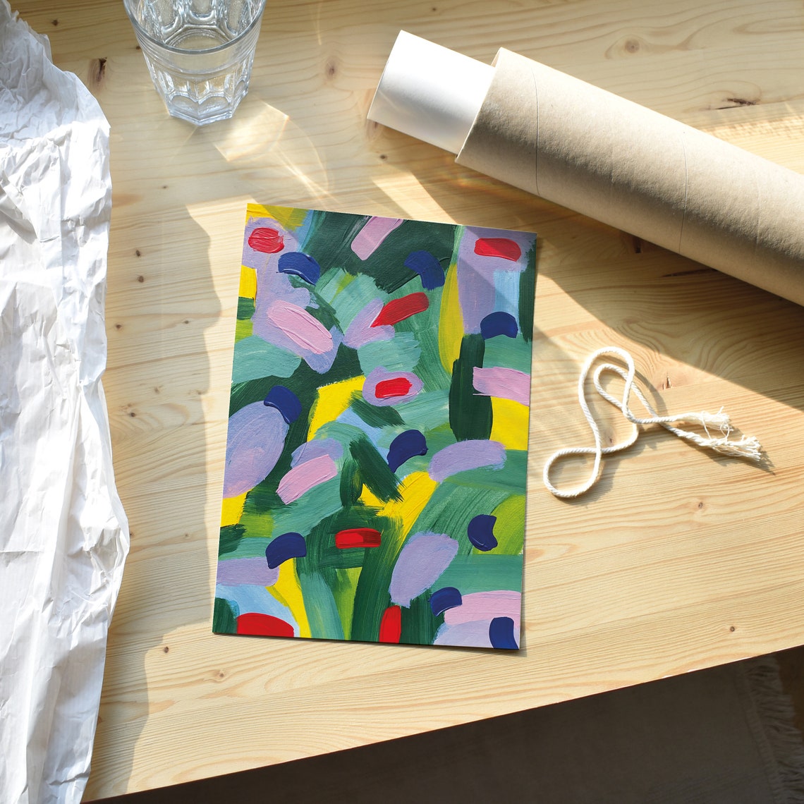 Green Yellow Pink Colorful Abstract Wildflower Field Wall Art - Image 3