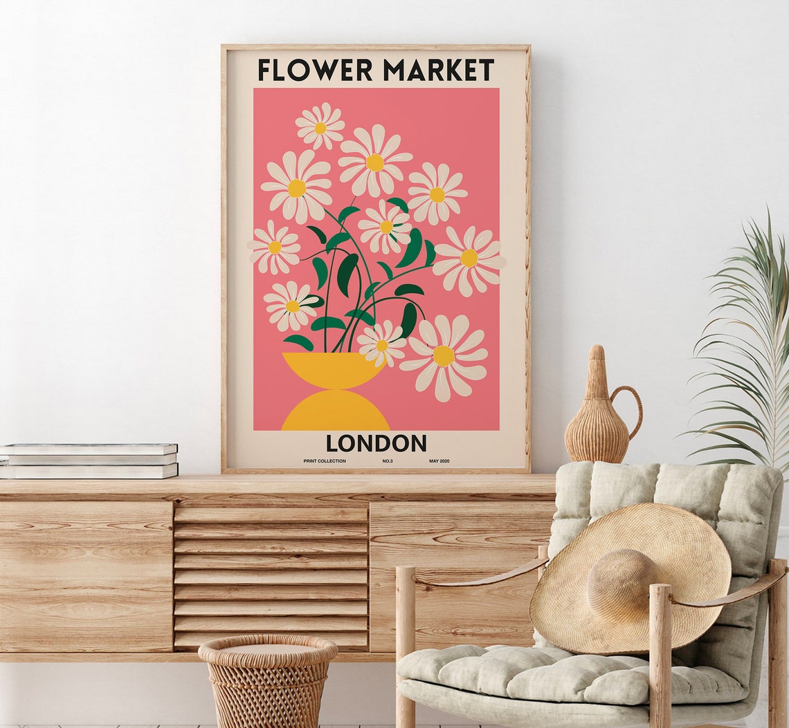 London Flower Market Daisy Vase Pink Retro Floral Art Poster
