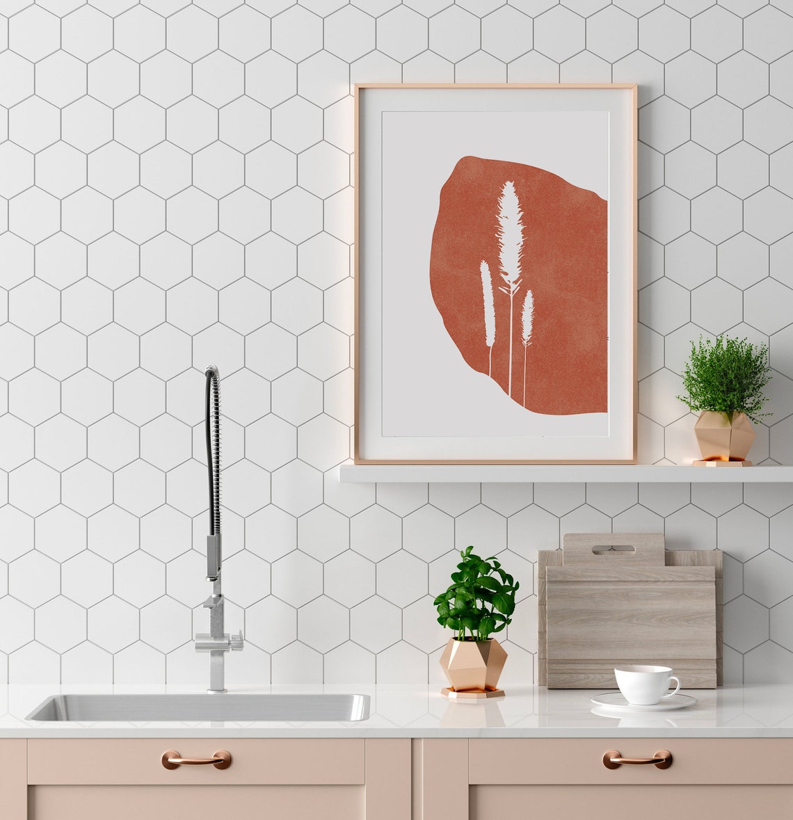 Minimalist Botanical Wild Grasses Print in Terracotta Orange Tones