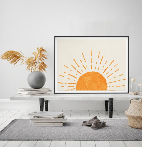 Boho Wall Decor Abstract Sun Wall Art Horizon Yellow Sun Minimalist Poster Sunburst Art Print Mid Century Modern Art