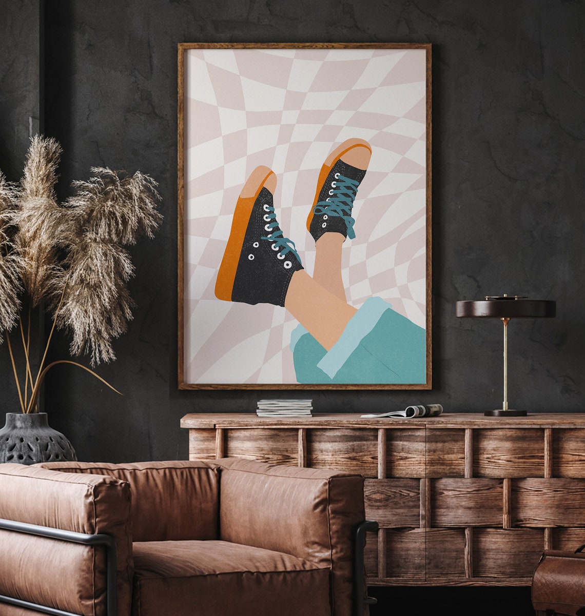 Checkerboard Kicked Up Sneakers Retro Legs Illustration Poster