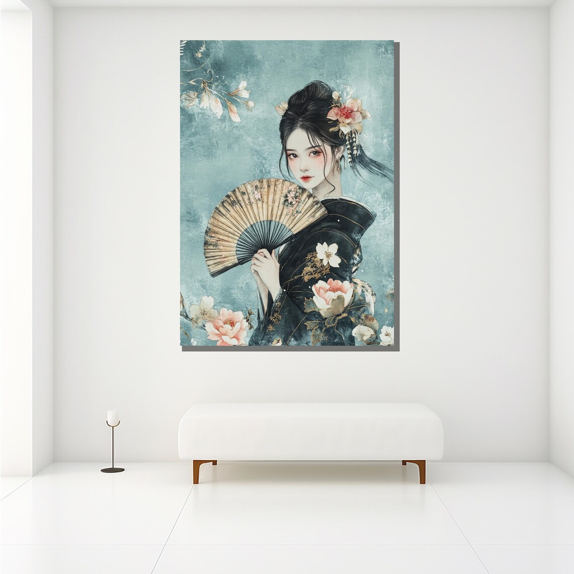 Elegant Geisha With Floral Fan Teal Watercolor Style Art Poster - Image 2