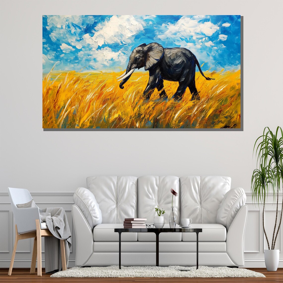 African Elephant Golden Savanna Grass Bright Blue Sky Safari Art Poster - Image 2