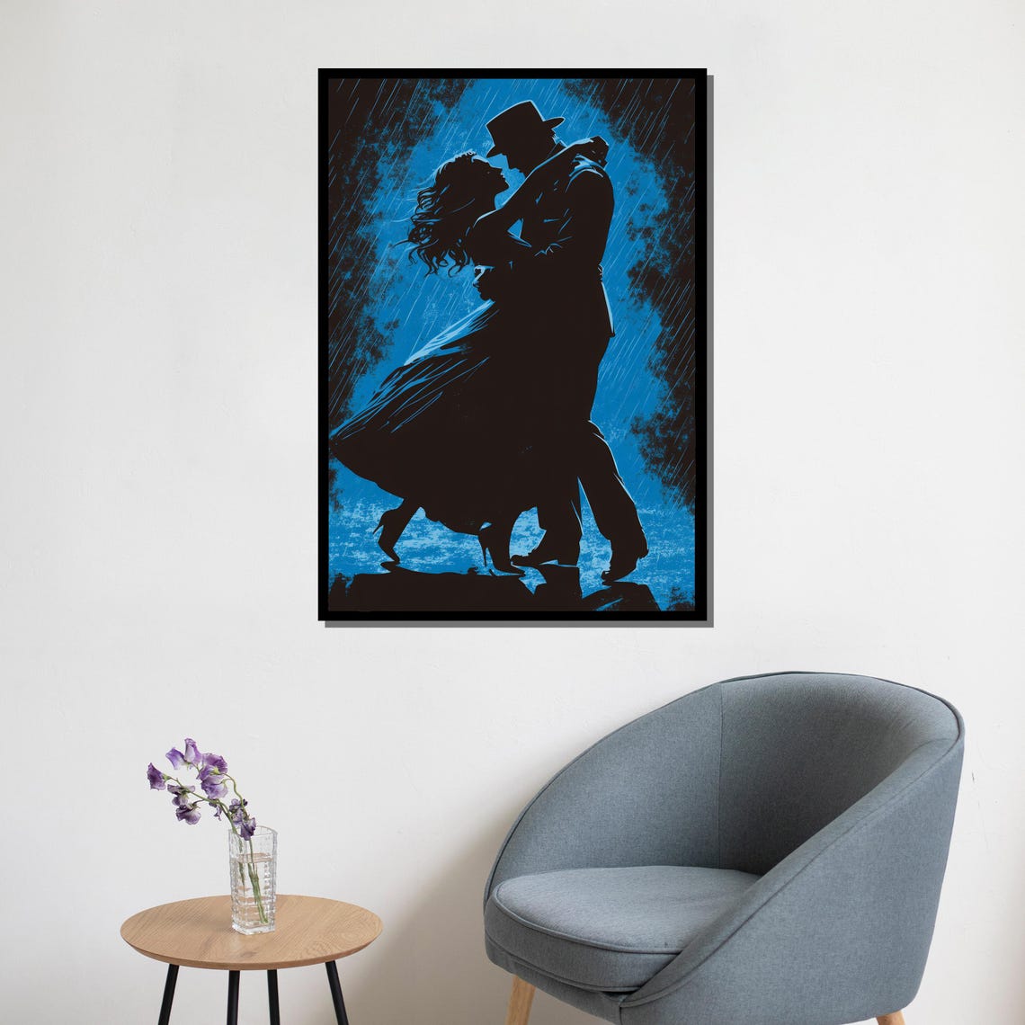 Romantic Couple Dancing In Blue Rain Night Silhouette Painting Poster - Image 5