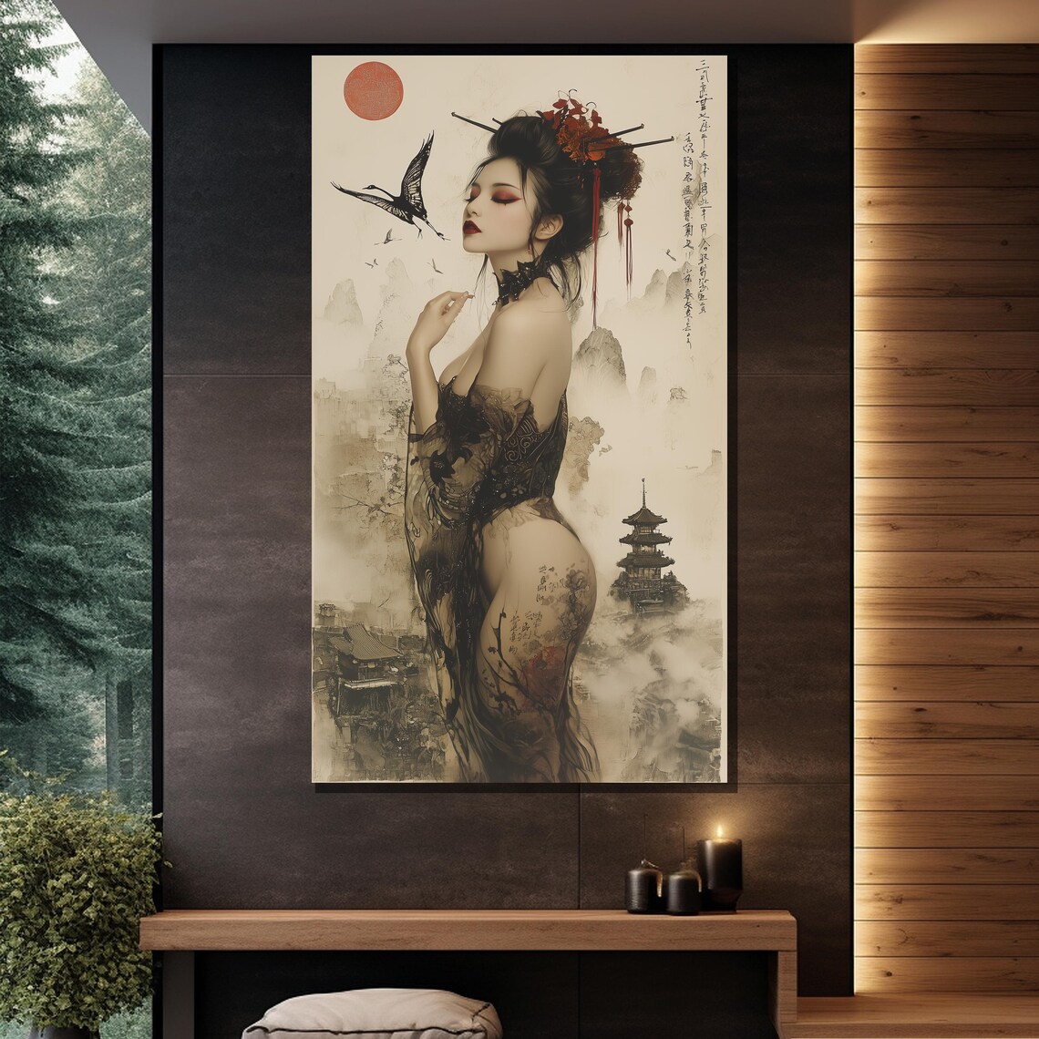 Geisha and Red Sun Japanese Asian-Inspired Art Print - Image 2