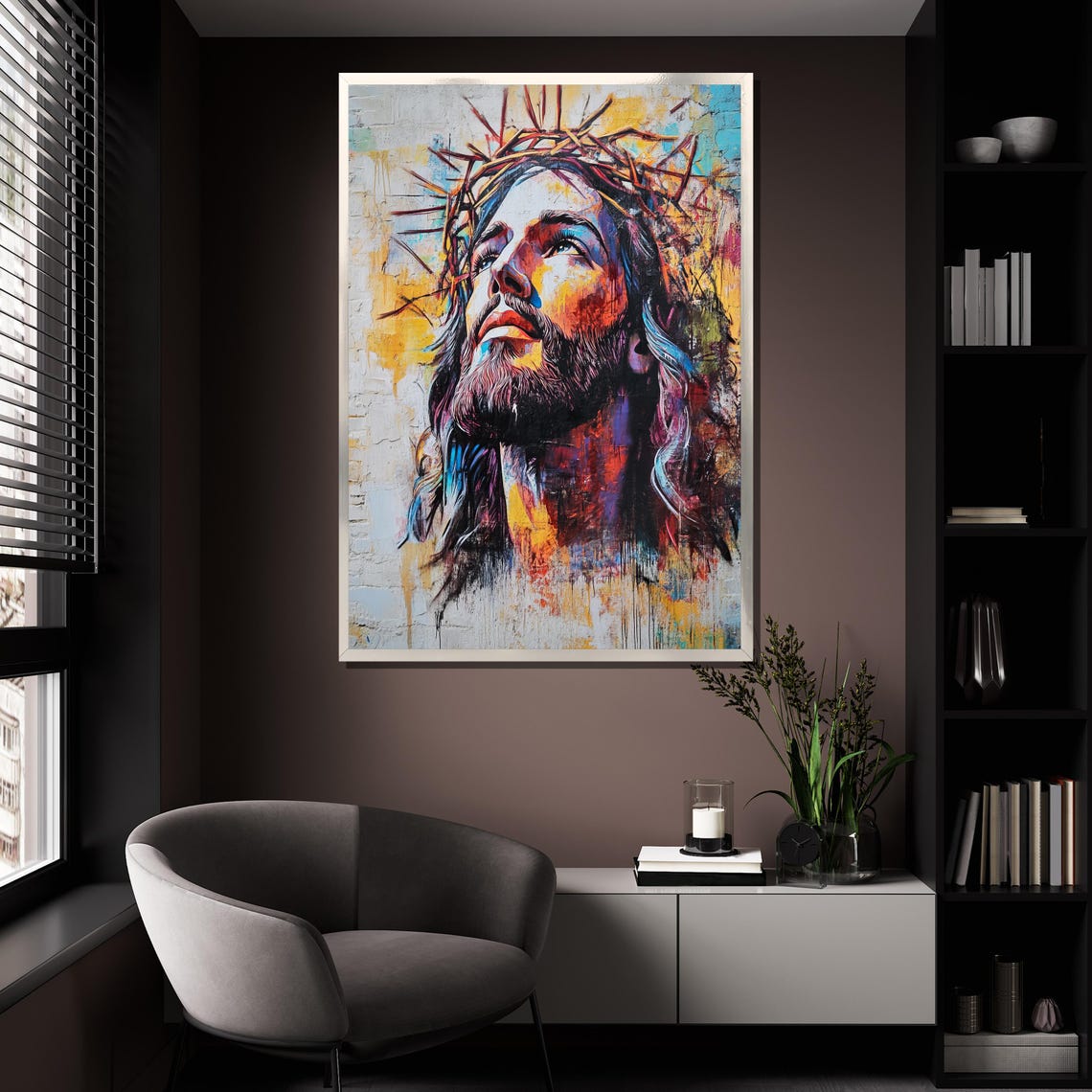 Colorful Jesus Crown Of Thorns Looking Up Spiritual Wall Art Poster - Image 4