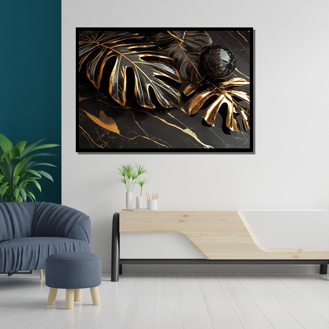 Black And Gold Monstera Leaves On Marble Luxury Abstract Art Poster - Image 5