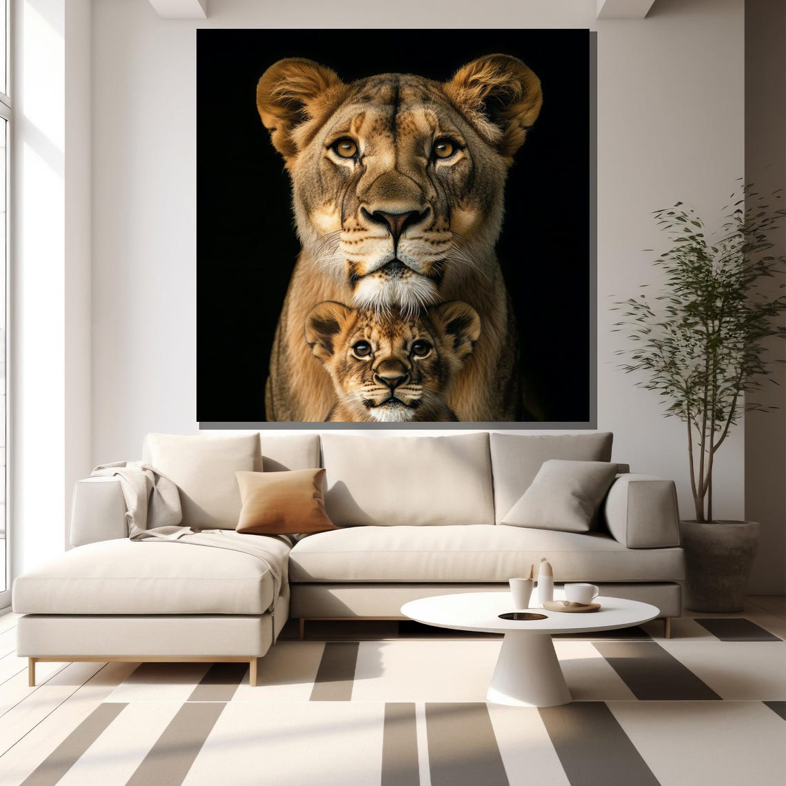 Lioness And Cub Front Pose Black Background Wildlife Art Poster - Image 2