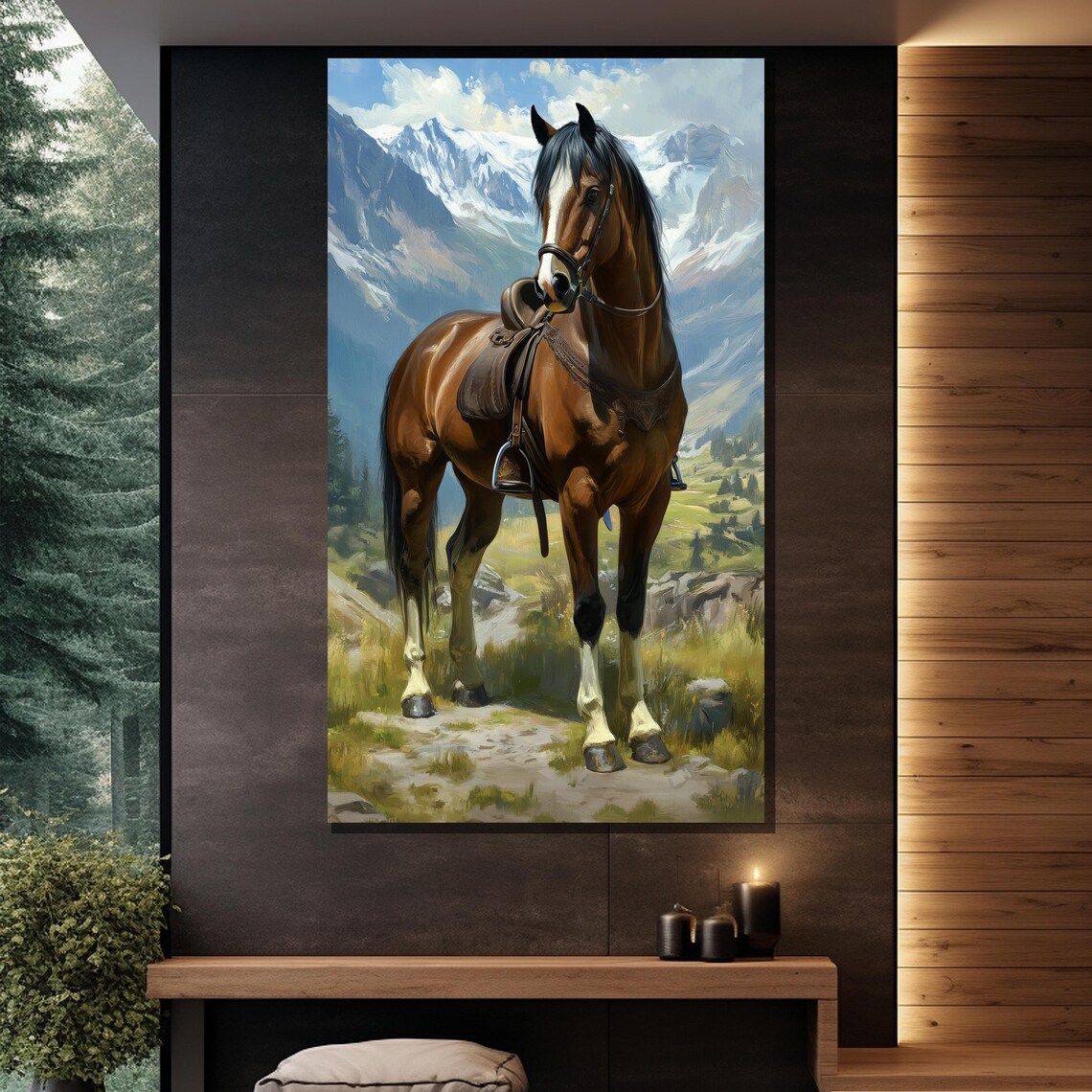 Saddled Brown Horse In Snowy Mountain Landscape Painting Wall Poster - Image 2