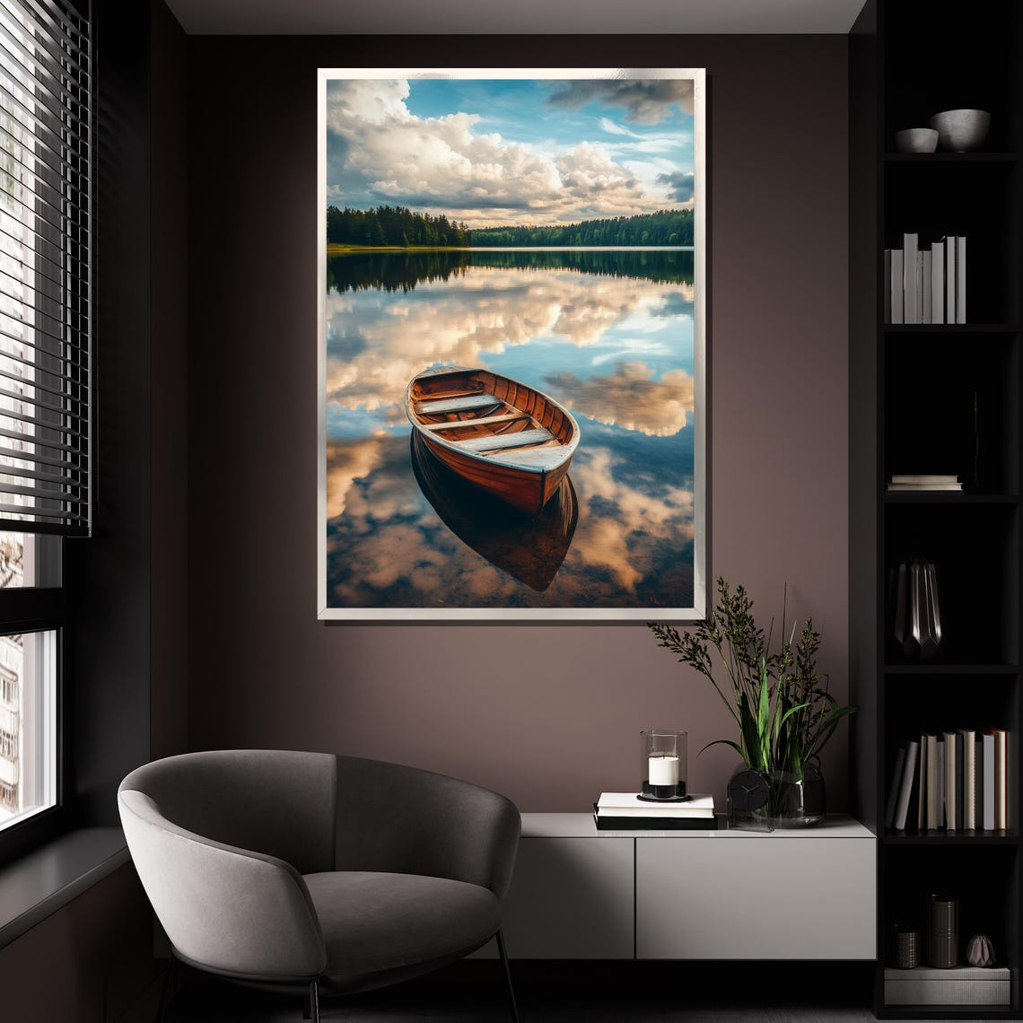 Serene Lake Boat Painting Peaceful Water Reflection Wall Art Nature Landscape Artwork Tranquil Home Decor Gift - Image 4