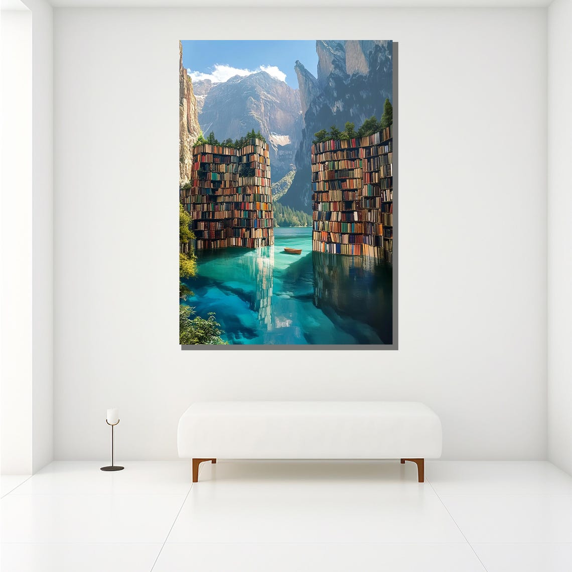 Book Towers As Cliffs Beside A Turquoise Lake Surreal Poster - Image 2