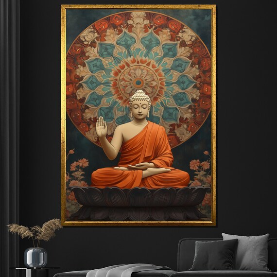 Orange Robe Buddha Lotus Mandala Teal Vibrant Zen Meditation Art Poster