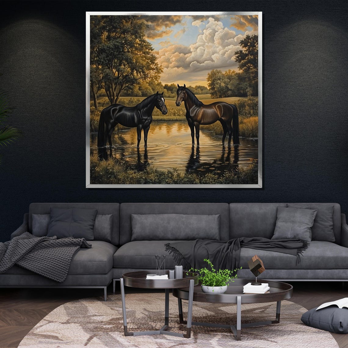 Two Horses Standing Stream Sunset Classical Equine Art Poster - Image 4