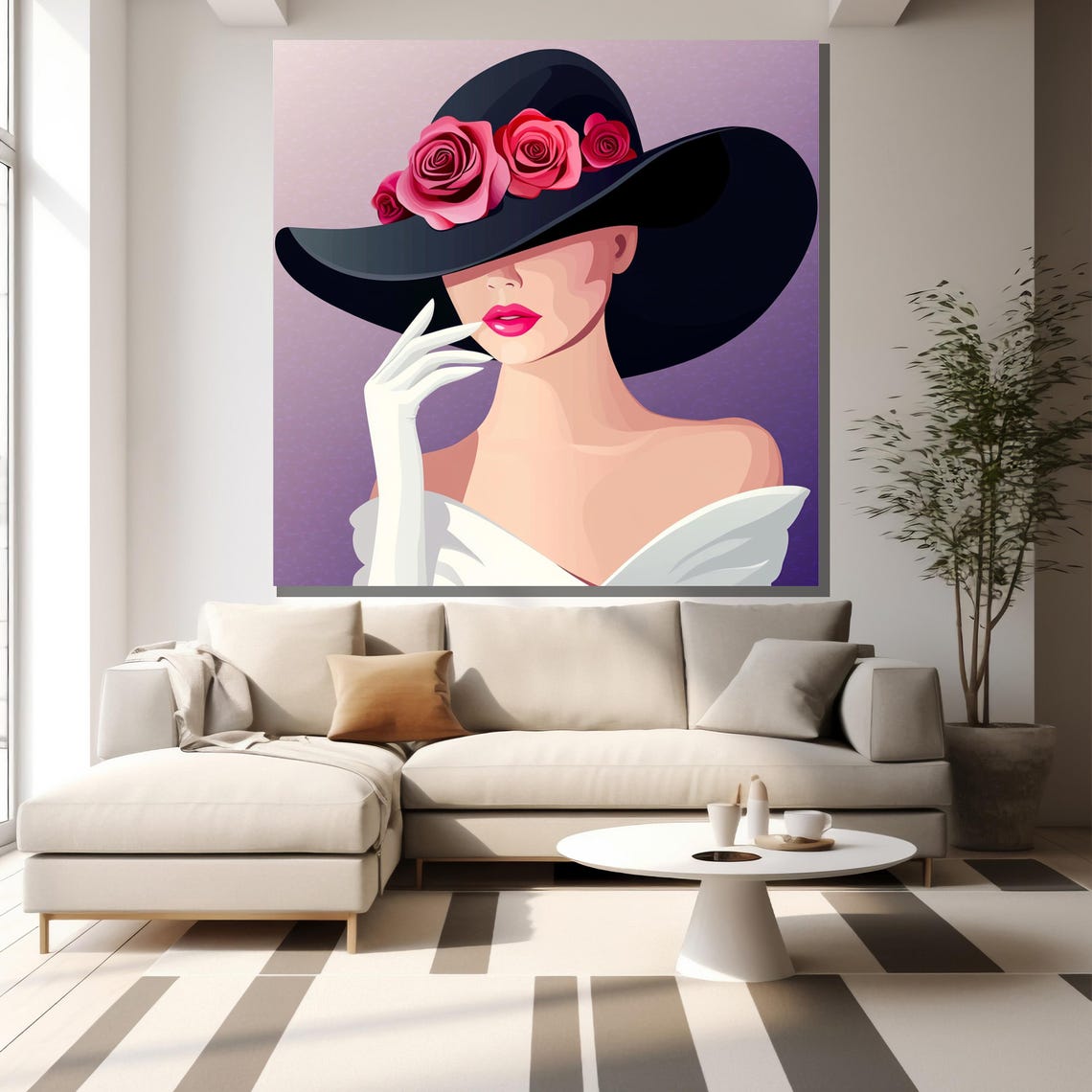 Black Hat Pink Roses Woman Modern Floral Glamour Art Wall Poster - Image 2