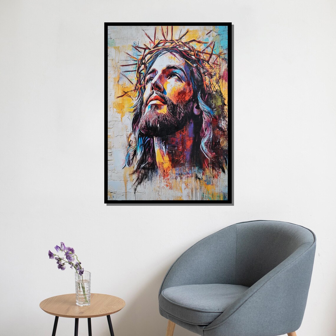 Colorful Jesus Crown Of Thorns Looking Up Spiritual Wall Art Poster - Image 5