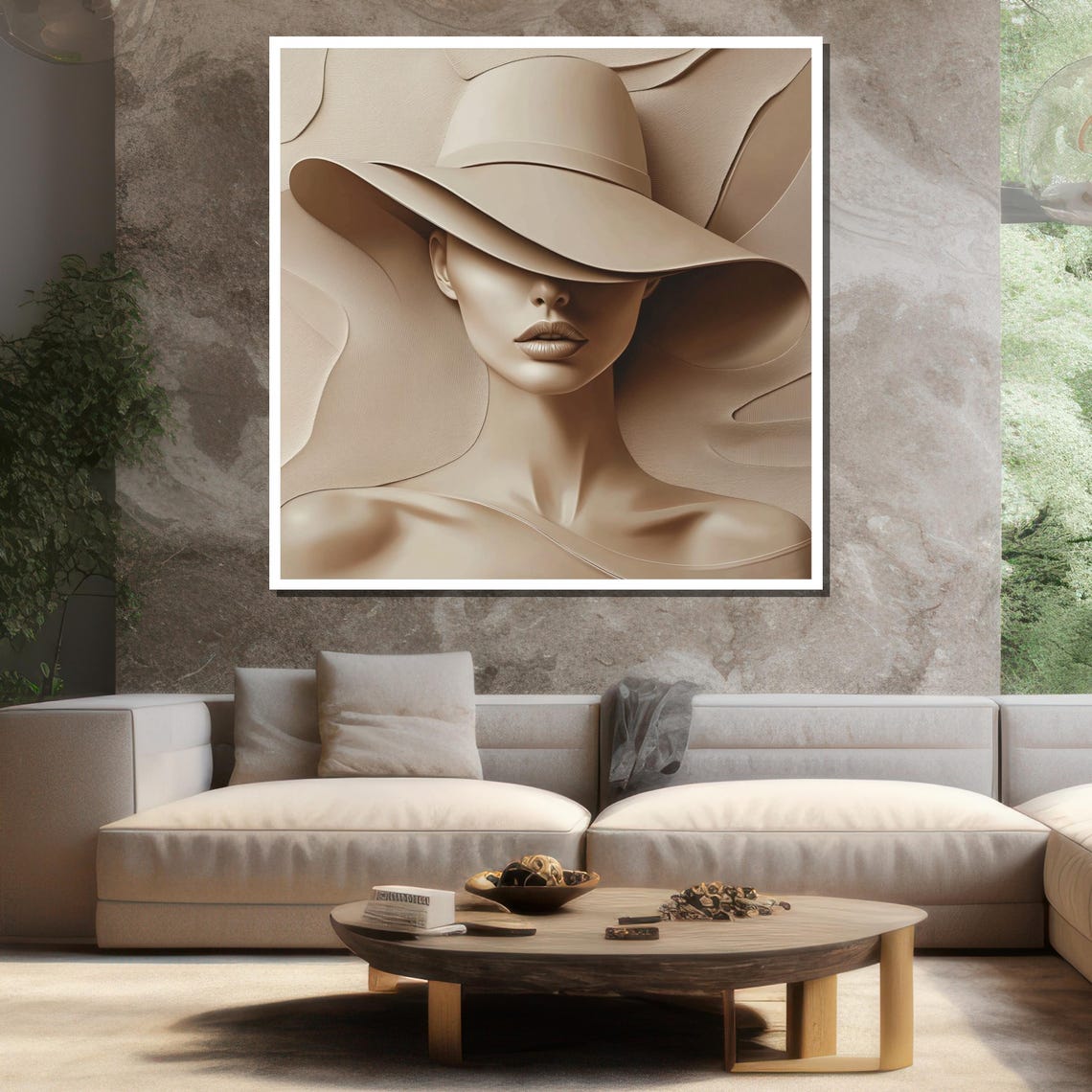 Monochrome Woman Wide Brim Hat Sculptural 3D Relief Neutral Wall Art - Image 3