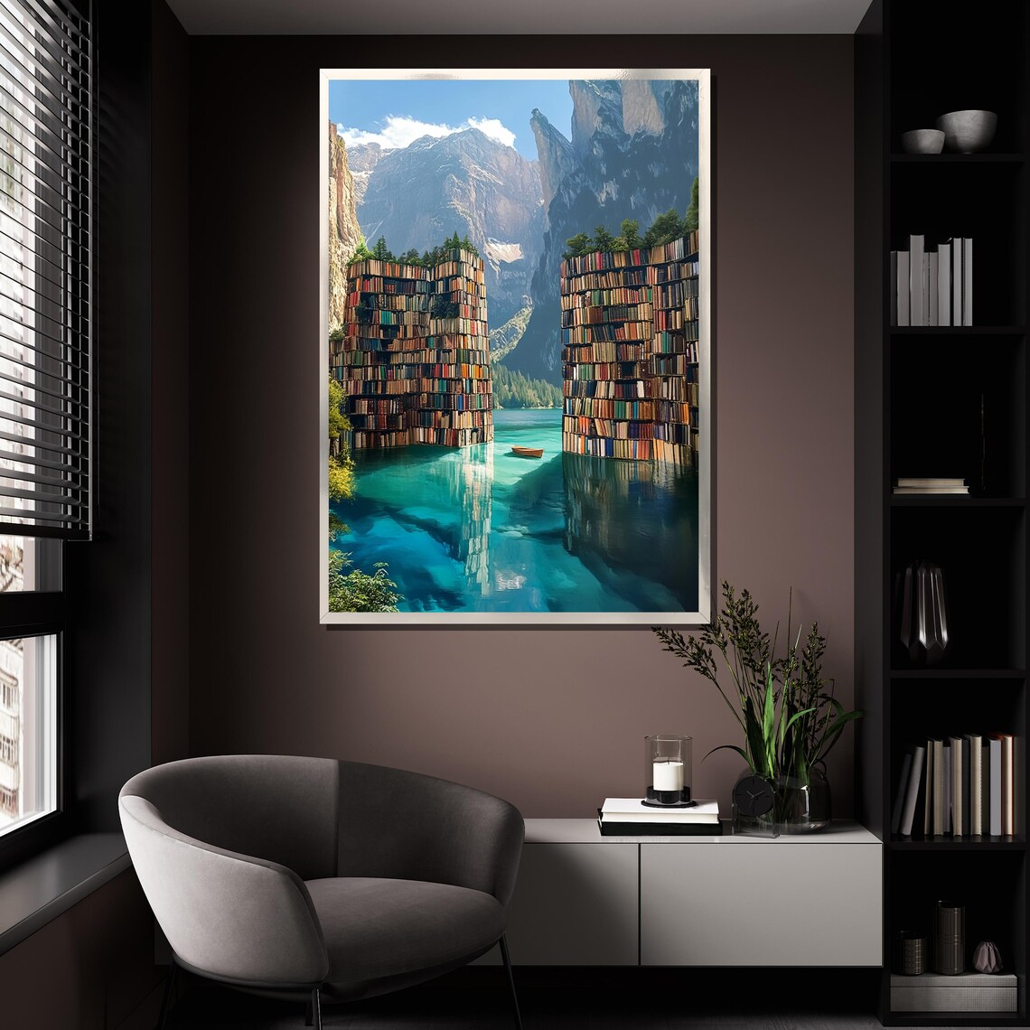 Book Towers As Cliffs Beside A Turquoise Lake Surreal Poster - Image 4