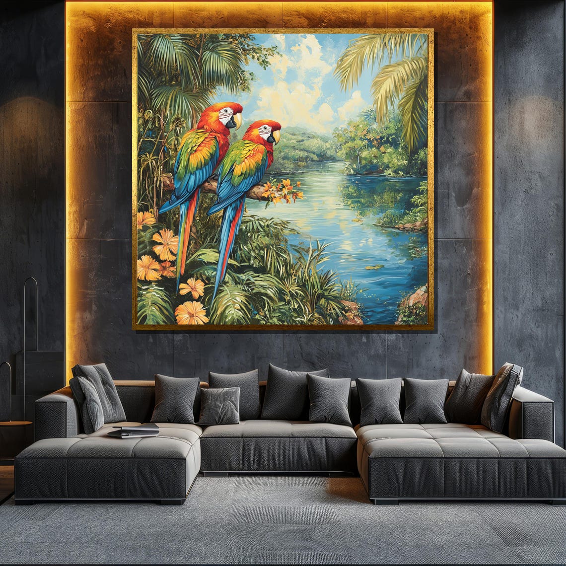 Scarlet Macaws By Tropical River Palm Jungle Painting Wildlife Poster