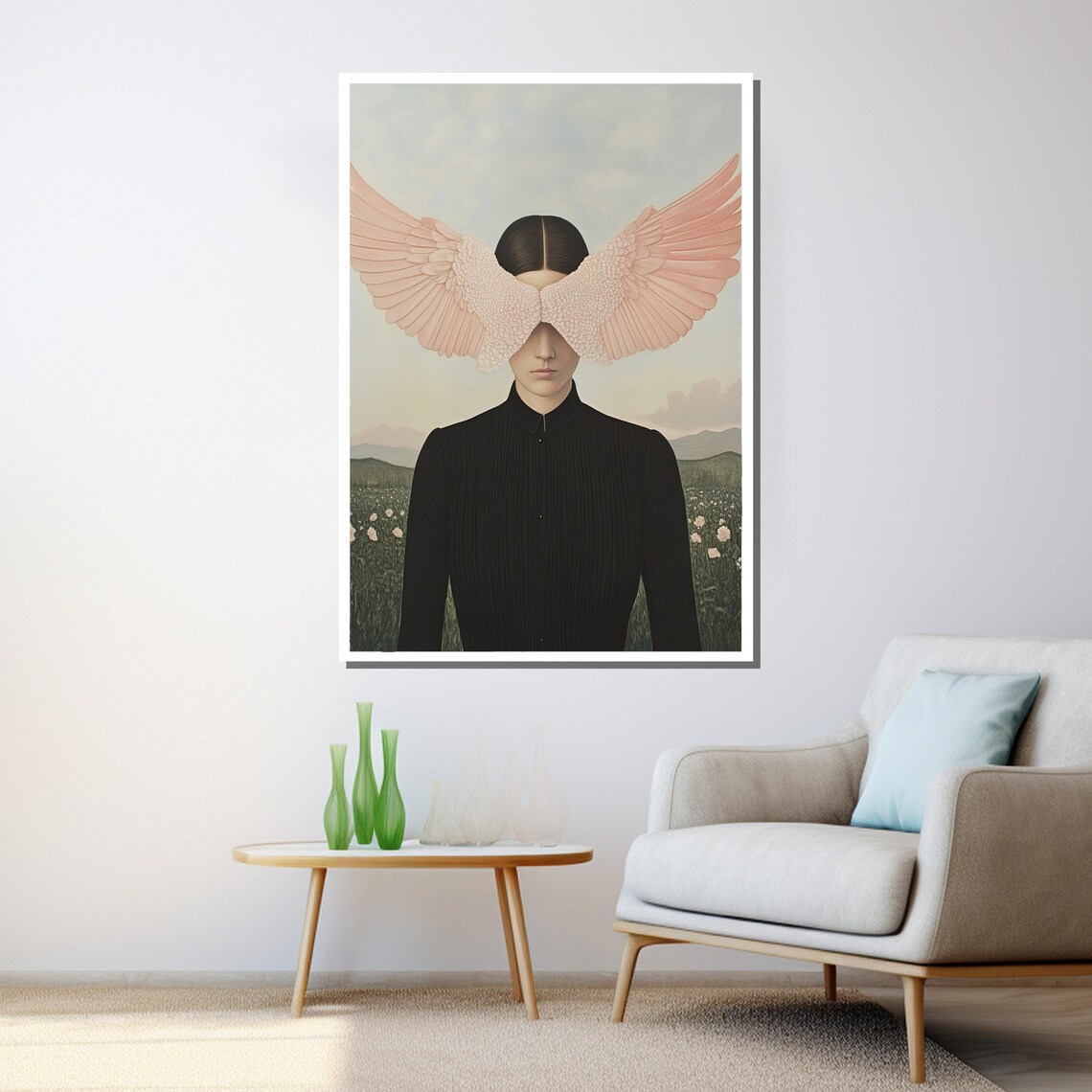 Surreal Woman With Pink Angel Wings Veiling Eyes In Flower Field Poster - Image 3