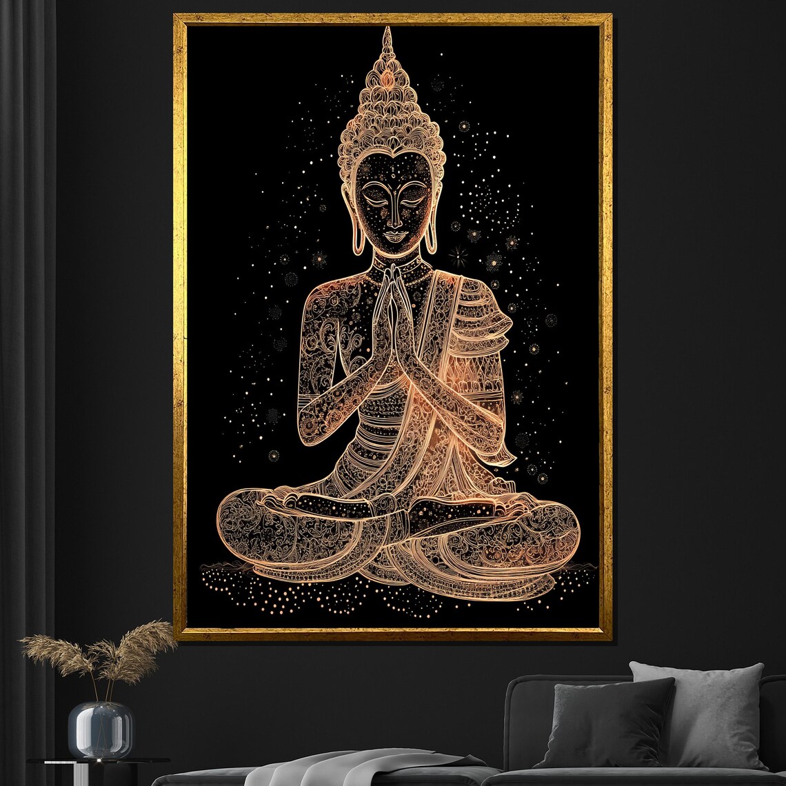 Golden Line Art Buddha Prayer Pose Sparkling Night Black Elegant Poster