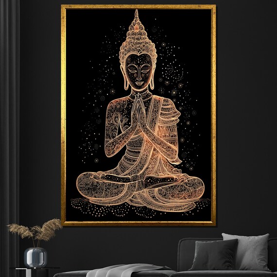 Golden Line Art Buddha Prayer Pose Sparkling Night Black Elegant Poster