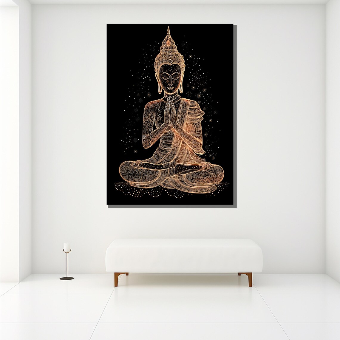 Golden Line Art Buddha Prayer Pose Sparkling Night Black Elegant Poster - Image 2