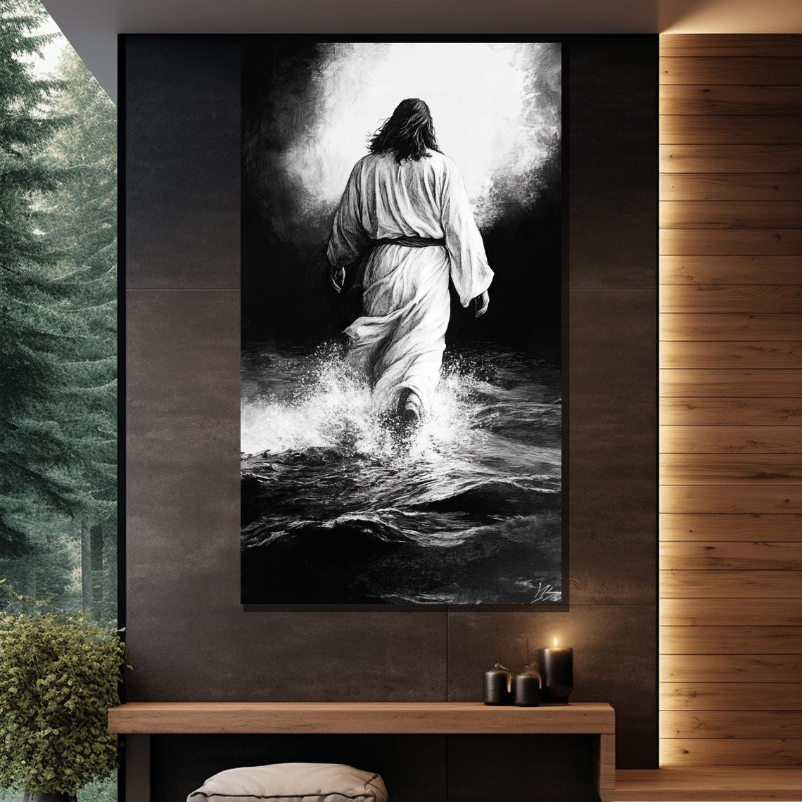 Black And White Jesus Walking On Water Under Heavenly Light Poster - Image 2