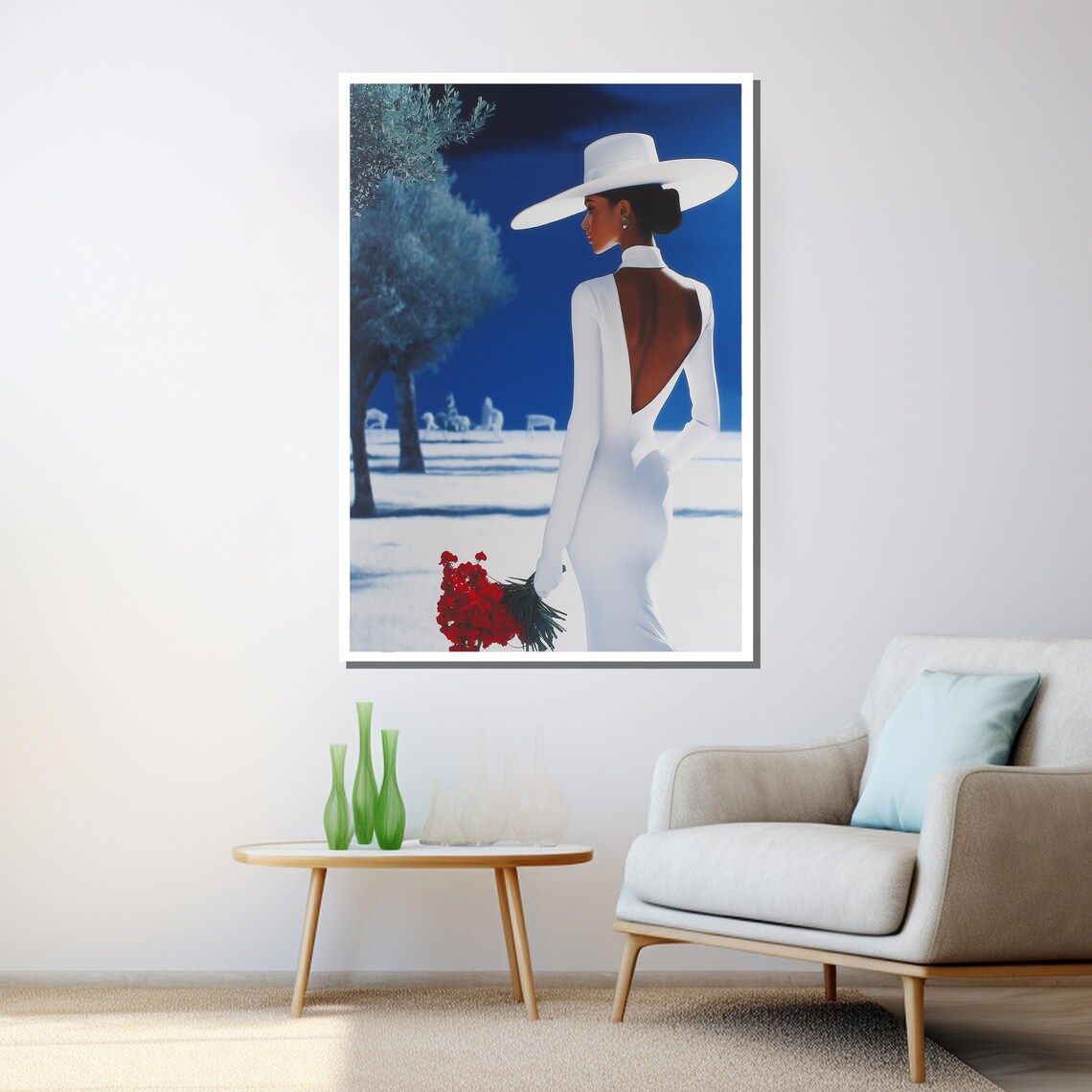 Elegant Woman White Dress Hat Red Roses Blue Background Fashion Poster - Image 3