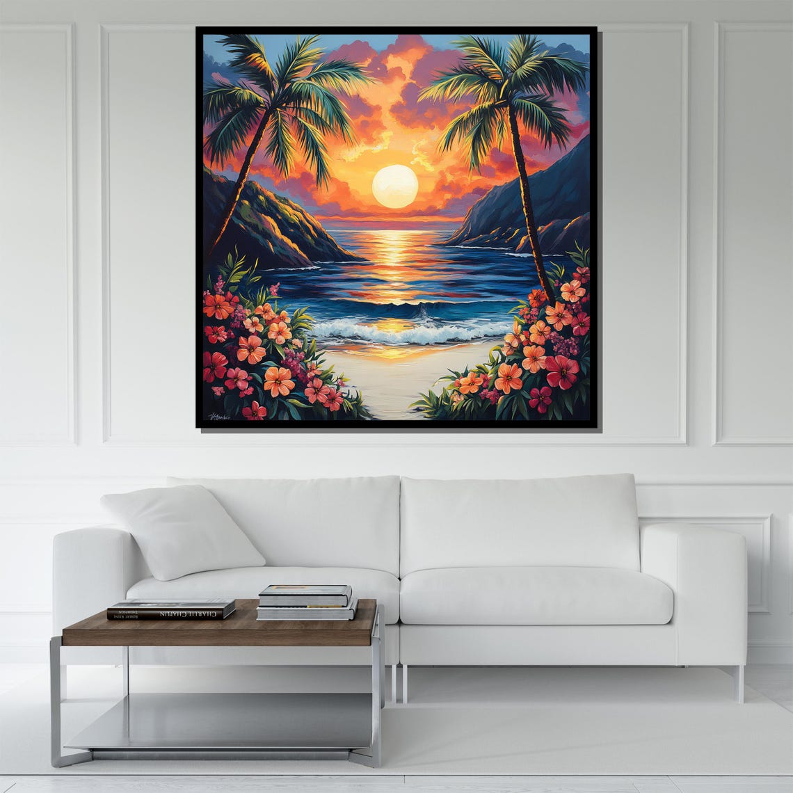 Tropical Sunset Cove Palm Framed Ocean Cliffs Hibiscus Paradise Poster - Image 5