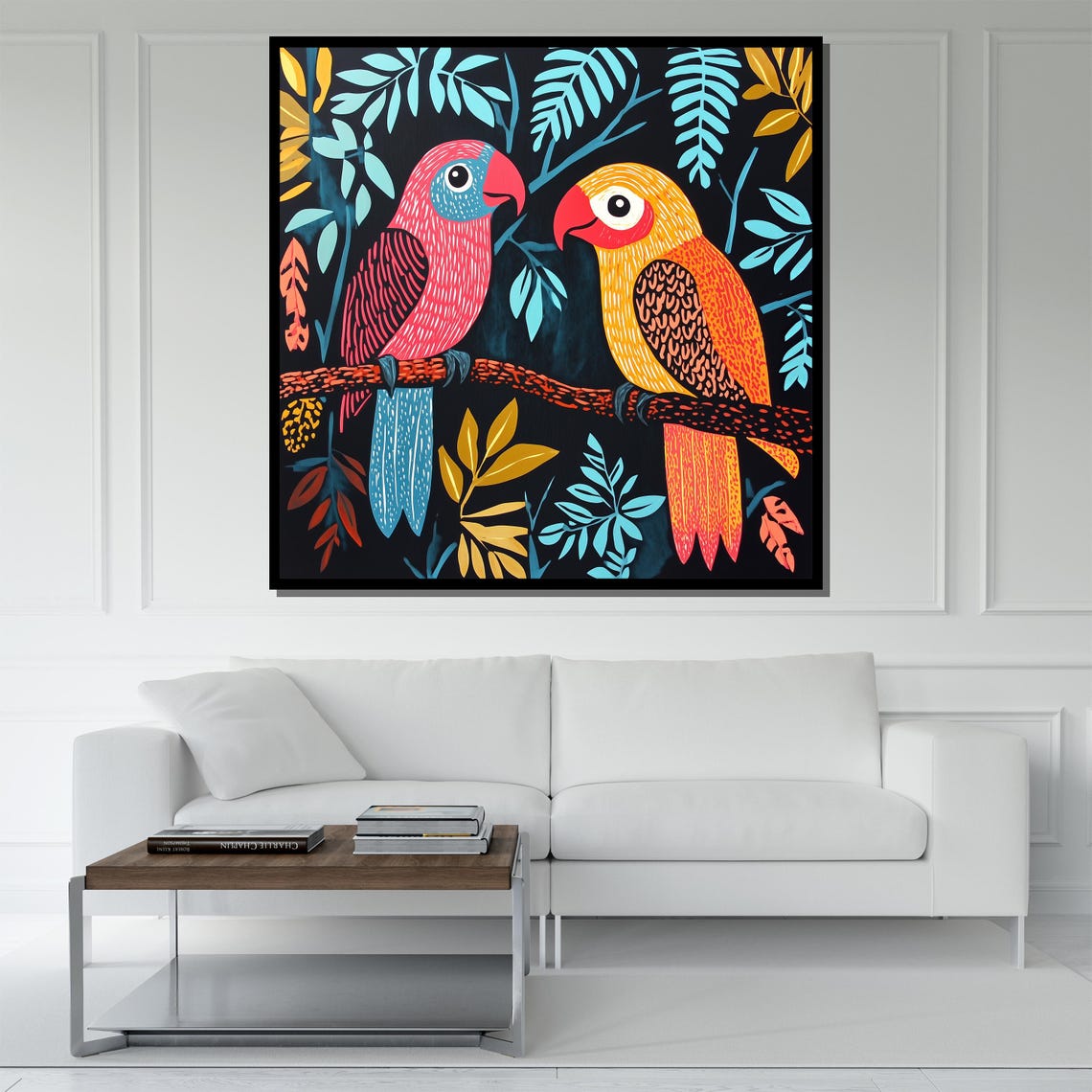 Two Colorful Folk Art Parrots Branch Exotic Bird Wall Poster - Image 5