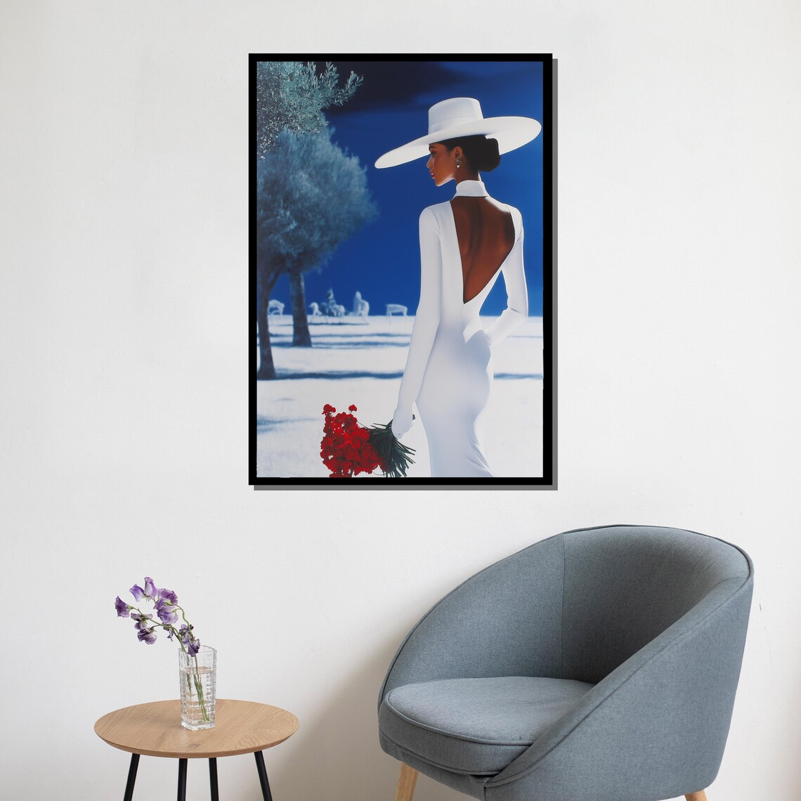 Elegant Woman White Dress Hat Red Roses Blue Background Fashion Poster - Image 5