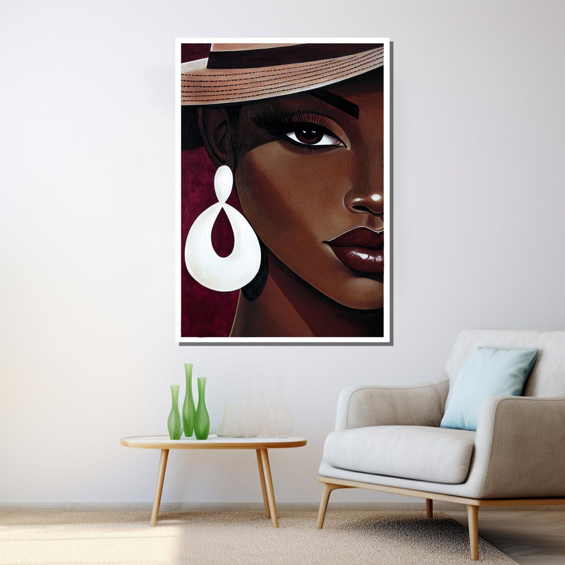 African Woman Bold Portrait Straw Hat Red Background Modern Wall Art - Image 3