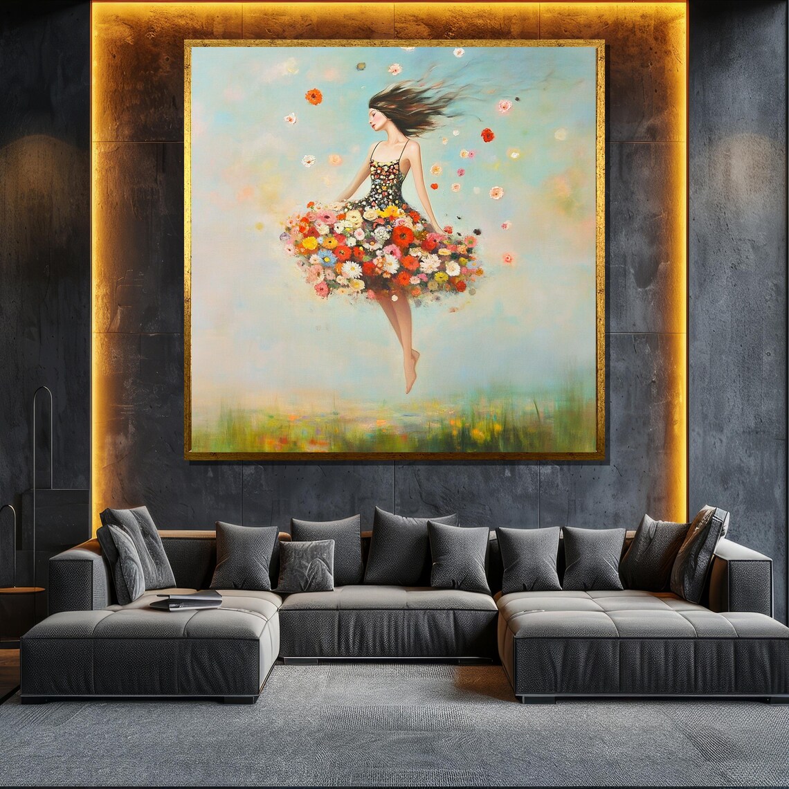 Floating Woman Flower Dress Surreal Dreamy Floral Painting Wall Poster