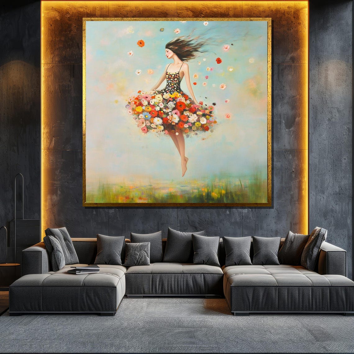 Surrealist Painting Of Woman In Flower Dress Unique Wall Art For Living Room Modern Abstract Art Gift