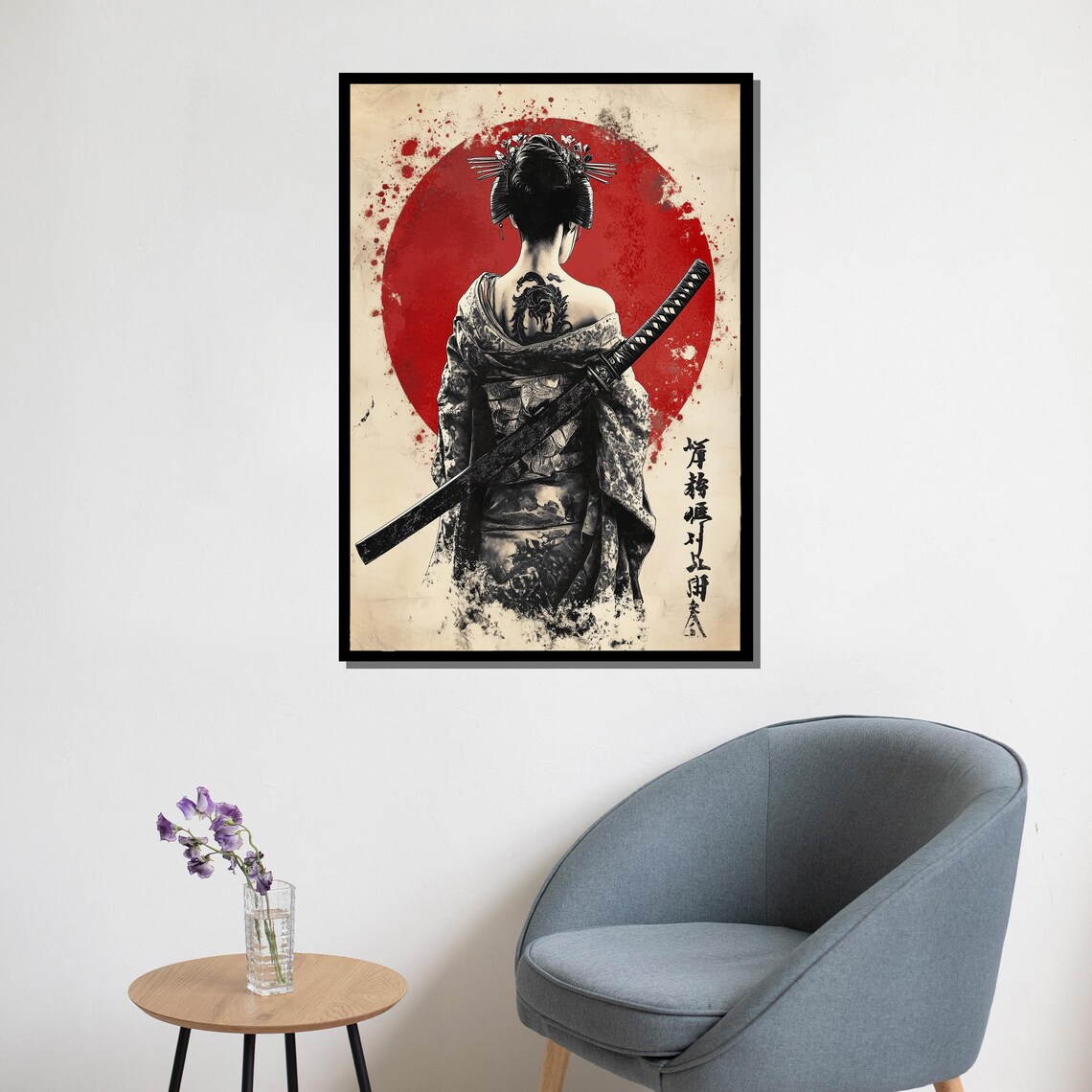 Samurai Woman Ink Painting Dragon Tattoo Red Sun Japanese Art Poster - Image 5