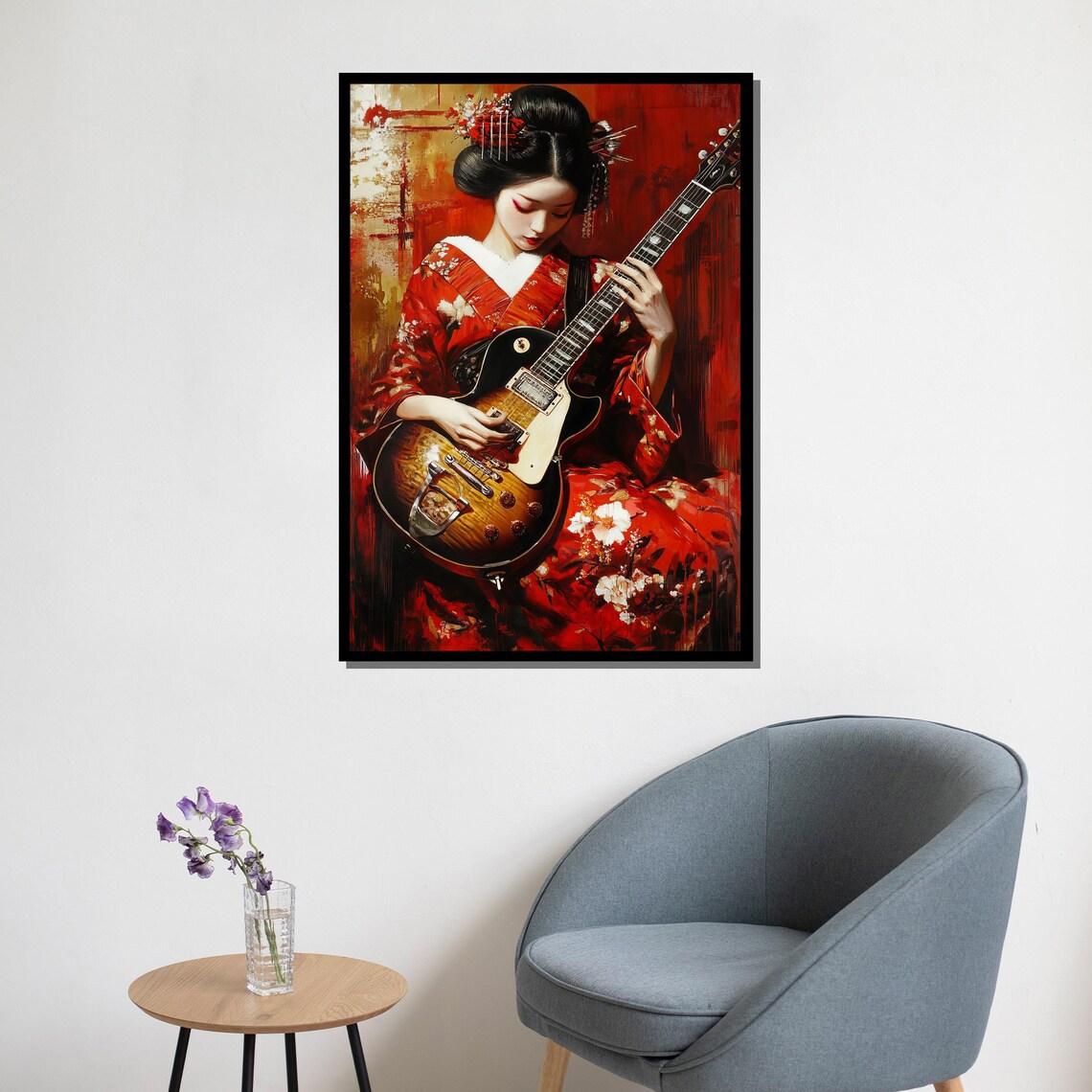 Geisha Playing Electric Guitar In Red Kimono Modern Art Poster - Image 5