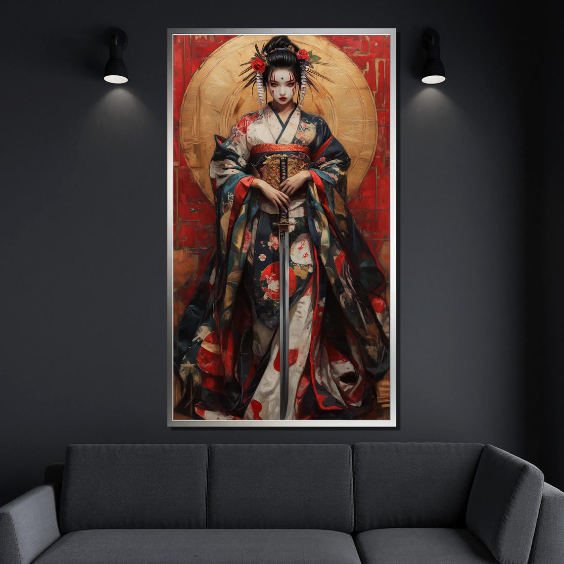 Samurai Geisha Warrior Katana Red Moon Colorful Kimono Japanese Poster - Image 4
