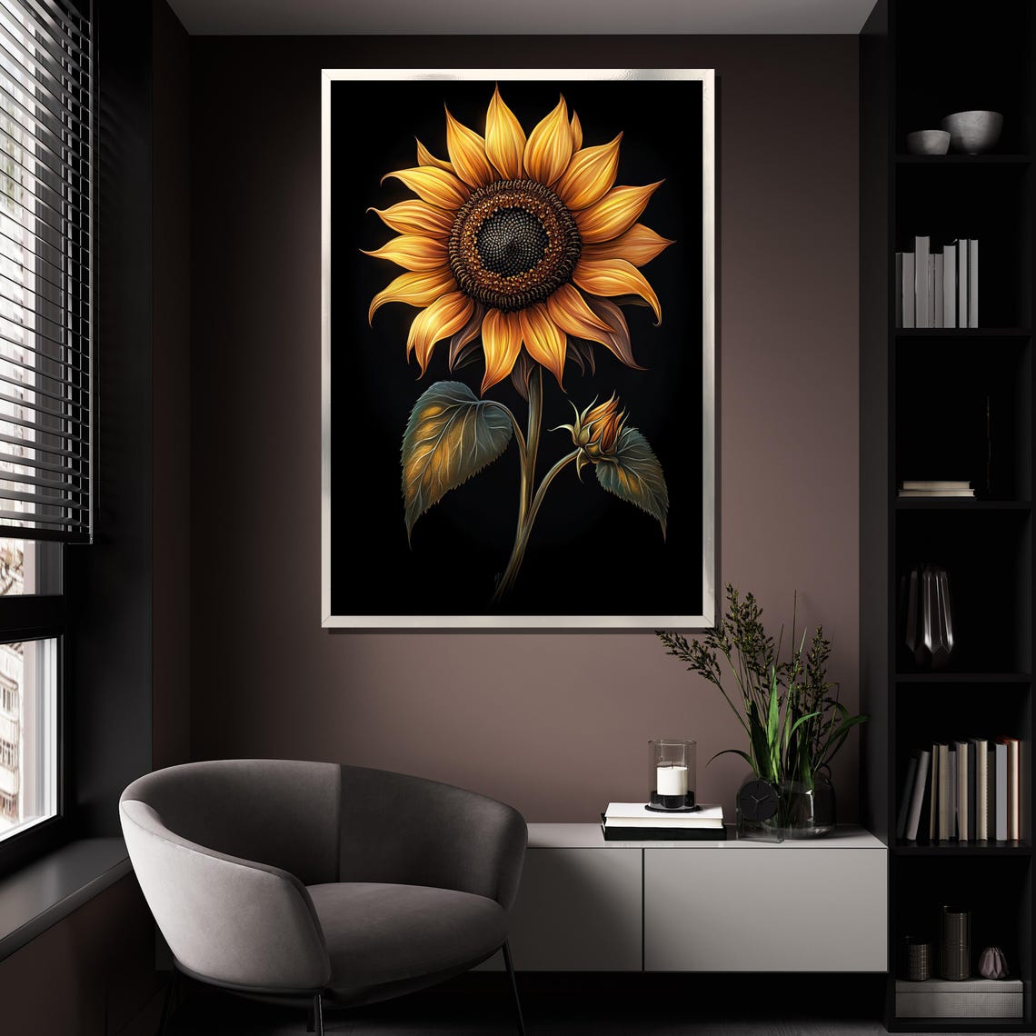 Golden Sunflower With Bud On Black Background Modern Art Poster - Image 4