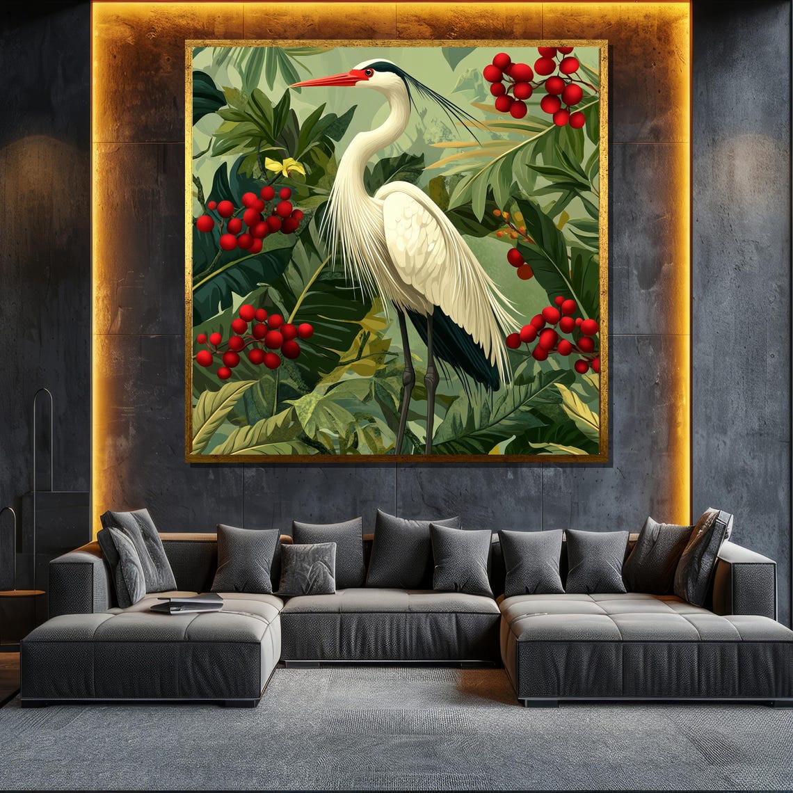 White Heron Red Berries Tropical Green Leaves Elegant Bird Poster