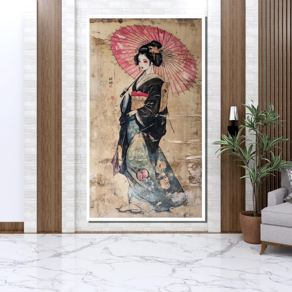 Vintage Geisha Pink Parasol Traditional Kimono Japanese Art Print - Image 3