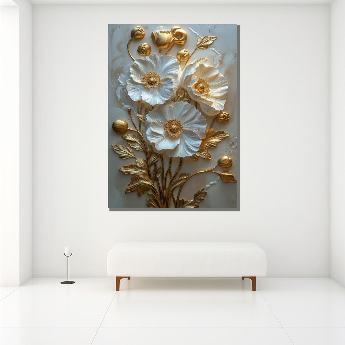 White Poppies With Gold Stems 3D Textured Floral Wall Art Poster - Image 2
